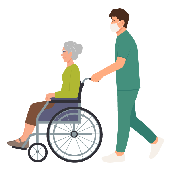 medical professional pushing patient in wheelchair